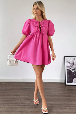 Bright Pink Solid Color Puff Sleeve Tie Front High Waist Mini Dress, A Blissfully Beautiful Boutique - A Blissfully Beautiful Boutique