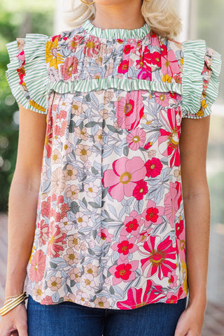 Pink Floral Print Contrast Ruffle Trim Short Sleeve Blouse, A Blissfully Beautiful Boutique - A Blissfully Beautiful Boutique