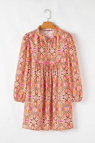 Khaki Abstract Printed Long Sleeve Tied Neckline Mini Dress, A Blissfully Beautiful Boutique - A Blissfully Beautiful Boutique