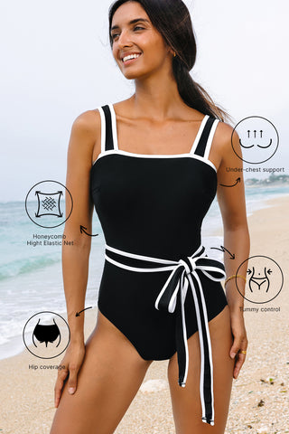 Black Colorblock Edge Belted One Piece Swimsuit, A Blissfully Beautiful Boutique - A Blissfully Beautiful Boutique