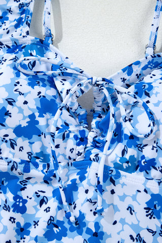 Blue Floral Ruffled Strap Lace-up Hollow Out One Piece Swimsuit, A Blissfully Beautiful Boutique - A Blissfully Beautiful Boutique
