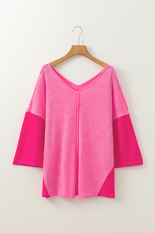 Exposed Seam V-Neck Three-Quarter Sleeve Blouse, Trendsi - A Blissfully Beautiful Boutique