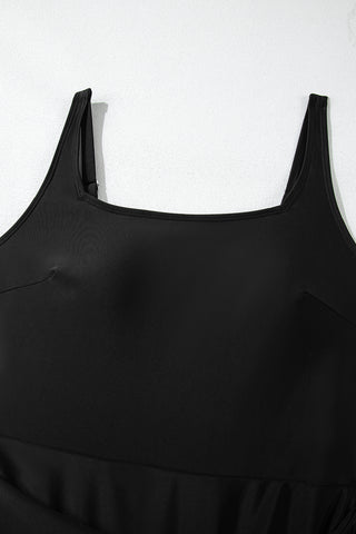 Black Side Tied Waist Square Neck Adjustable Straps A-line One Piece Swim Dress, A Blissfully Beautiful Boutique - A Blissfully Beautiful Boutique