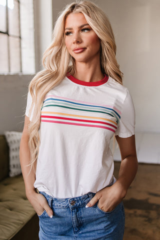 White Rainbow Stripe Print Contrast Crewneck T Shirt, A Blissfully Beautiful Boutique - A Blissfully Beautiful Boutique