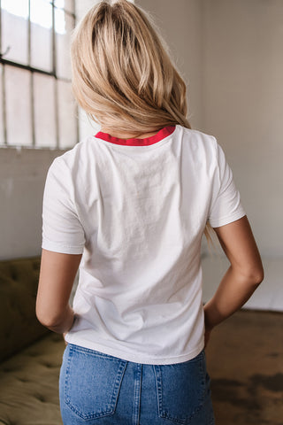 White Rainbow Stripe Print Contrast Crewneck T Shirt, A Blissfully Beautiful Boutique - A Blissfully Beautiful Boutique