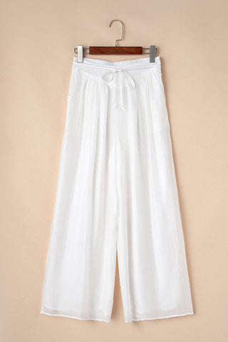 White Casual Tie Waist Pleated Wide Leg Pants, A Blissfully Beautiful Boutique - A Blissfully Beautiful Boutique