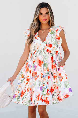 Pink Floral Double Ruffle Sleeve V Neck High Waist Mini Dress, A Blissfully Beautiful Boutique - A Blissfully Beautiful Boutique
