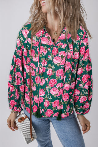 Green Floral Printed Tied Collar Puff Sleeve Blouse, A Blissfully Beautiful Boutique - A Blissfully Beautiful Boutique