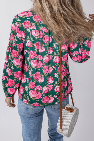 Green Floral Printed Tied Collar Puff Sleeve Blouse, A Blissfully Beautiful Boutique - A Blissfully Beautiful Boutique