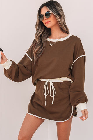Coffee Color Contrast Loose Pullover and Lace-up Waist Skort Set, A Blissfully Beautiful Boutique - A Blissfully Beautiful Boutique