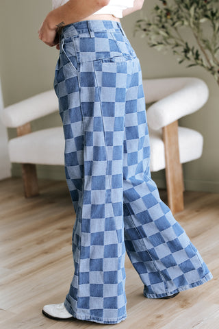 Dusk Blue Checkered Denim Wide Leg Jeans, A Blissfully Beautiful Boutique - A Blissfully Beautiful Boutique