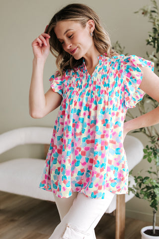 Sky Blue Shirred Yoke Ruffled Abstract Printed Blouse, A Blissfully Beautiful Boutique - A Blissfully Beautiful Boutique