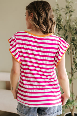 Rose Red Striped Ruffle Sleeve Crew Neck Blouse, A Blissfully Beautiful Boutique - A Blissfully Beautiful Boutique