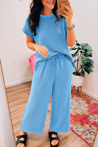 Blue Solid Corded Knit Short Sleeve T Shirt and Wide Leg Pants Set, A Blissfully Beautiful Boutique - A Blissfully Beautiful Boutique