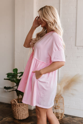 Light Pink Solid Color Pocketed Raw Edge Babydoll Dress, A Blissfully Beautiful Boutique - A Blissfully Beautiful Boutique