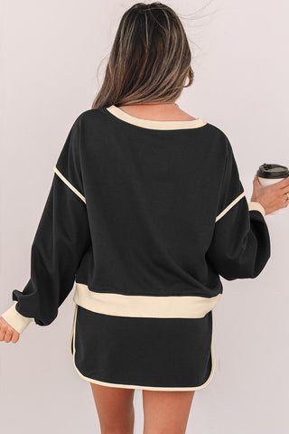 Black Color Contrast Loose Pullover and Lace-up Waist Skort Set, A Blissfully Beautiful Boutique - A Blissfully Beautiful Boutique