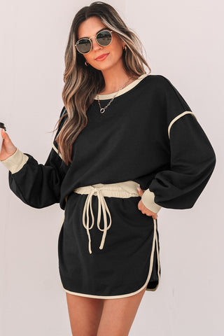 Black Color Contrast Loose Pullover and Lace-up Waist Skort Set, A Blissfully Beautiful Boutique - A Blissfully Beautiful Boutique