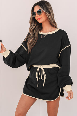 Black Color Contrast Loose Pullover and Lace-up Waist Skort Set, A Blissfully Beautiful Boutique - A Blissfully Beautiful Boutique