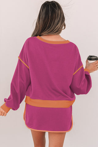 Rose Red Color Contrast Loose Pullover and Lace-up Waist Skort Set, A Blissfully Beautiful Boutique - A Blissfully Beautiful Boutique