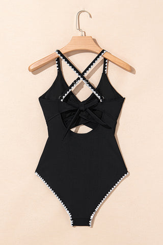 Black Ric Rac Trim Contrasted Patchwork Cutout One Piece Swimsuit, A Blissfully Beautiful Boutique - A Blissfully Beautiful Boutique