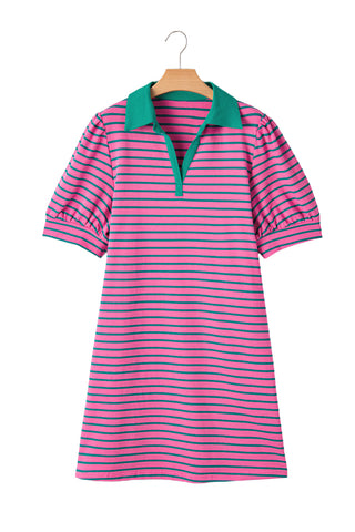 Rose Stripe Collared V Neck Puff Sleeve Shift T Shirt Dress with Pockets, A Blissfully Beautiful Boutique - A Blissfully Beautiful Boutique