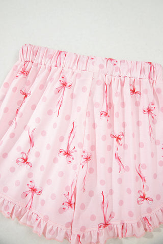 Pink Bow Print Contrast Pipping Short Pajamas Set, A Blissfully Beautiful Boutique - A Blissfully Beautiful Boutique