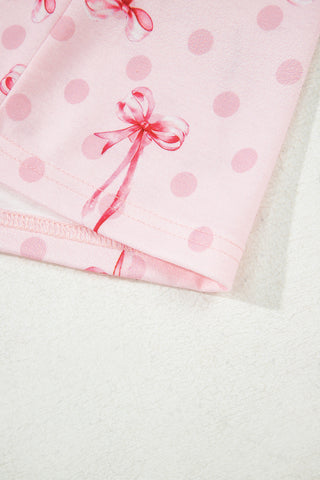 Pink Bow Print Contrast Pipping Short Pajamas Set, A Blissfully Beautiful Boutique - A Blissfully Beautiful Boutique