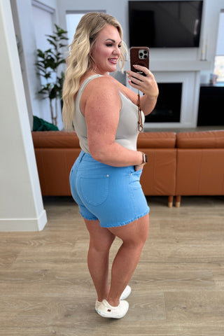 Celeste Mid Rise Shield Pocket Cutoff Shorts in Sky Blue, Ave Shops - A Blissfully Beautiful Boutique