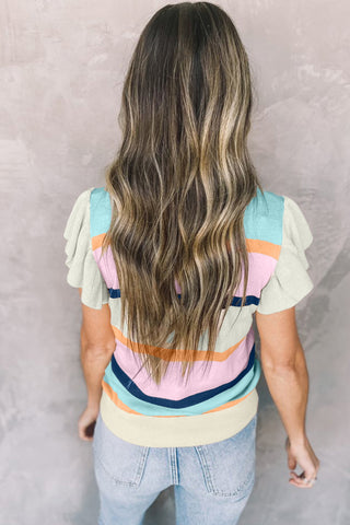 Multicolour Striped Color Block Flutter Sleeve Patchwork Sweater Top, A Blissfully Beautiful Boutique - A Blissfully Beautiful Boutique