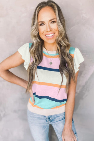 Multicolour Striped Color Block Flutter Sleeve Patchwork Sweater Top, A Blissfully Beautiful Boutique - A Blissfully Beautiful Boutique