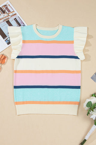 Multicolour Striped Color Block Flutter Sleeve Patchwork Sweater Top, A Blissfully Beautiful Boutique - A Blissfully Beautiful Boutique