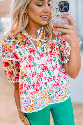 Pink Floral Print Striped Detail Split Neck Short Sleeve Blouse, A Blissfully Beautiful Boutique - A Blissfully Beautiful Boutique