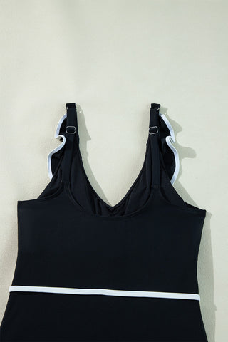 Black Color Contrast Ruffled Wrap V Neck Swimsuit, A Blissfully Beautiful Boutique - A Blissfully Beautiful Boutique