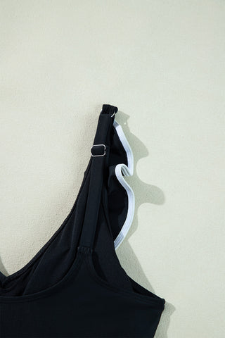 Black Color Contrast Ruffled Wrap V Neck Swimsuit, A Blissfully Beautiful Boutique - A Blissfully Beautiful Boutique