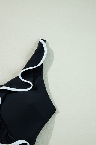 Black Color Contrast Ruffled Wrap V Neck Swimsuit, A Blissfully Beautiful Boutique - A Blissfully Beautiful Boutique