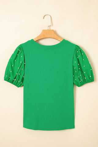 Bright Green Ribbed Pearl Beaded Puff Sleeve Top, A Blissfully Beautiful Boutique - A Blissfully Beautiful Boutique