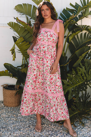 Pink Floral Lace Tied Strap Empire Waist Maxi Dress, A Blissfully Beautiful Boutique - A Blissfully Beautiful Boutique