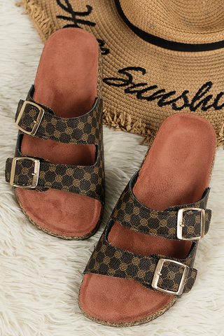 Coffee Geometric Print Cut Out Buckle PU Leather Flat Slippers, A Blissfully Beautiful Boutique - A Blissfully Beautiful Boutique