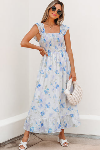 Sky Blue Floral Smocked High Waist Double Ruffle Sleeveless Long Dress, A Blissfully Beautiful Boutique - A Blissfully Beautiful Boutique