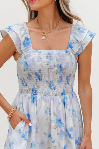 Sky Blue Floral Smocked High Waist Double Ruffle Sleeveless Long Dress, A Blissfully Beautiful Boutique - A Blissfully Beautiful Boutique
