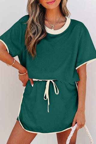 Evergreen Colorblock Edge Drop Shoulder T Shirt and Skort 2Pcs Set, A Blissfully Beautiful Boutique - A Blissfully Beautiful Boutique