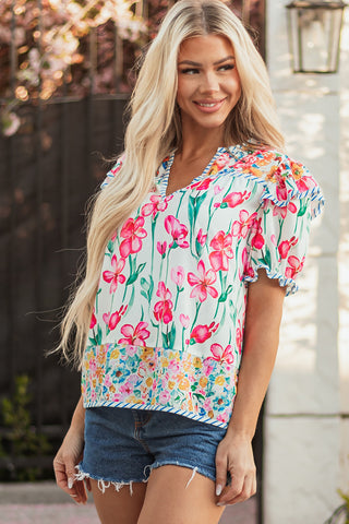 Pink Floral Print Striped Detail Split Neck Short Sleeve Blouse, A Blissfully Beautiful Boutique - A Blissfully Beautiful Boutique