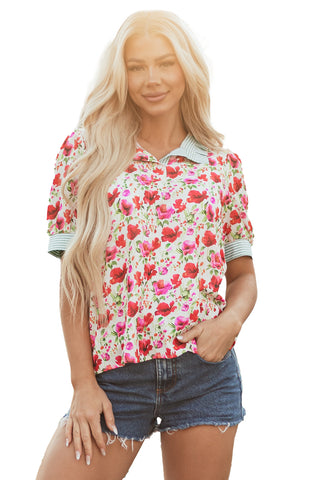 Red Floral Print Striped Patchwork Collared Short Sleeve Blouse, A Blissfully Beautiful Boutique - A Blissfully Beautiful Boutique