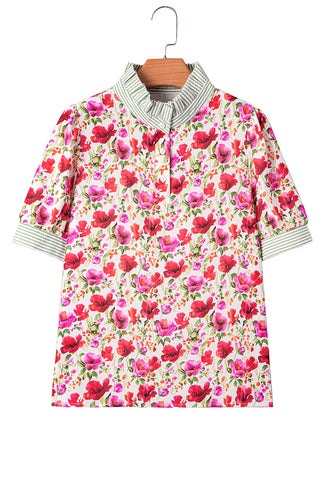 Red Floral Print Striped Patchwork Collared Short Sleeve Blouse, A Blissfully Beautiful Boutique - A Blissfully Beautiful Boutique