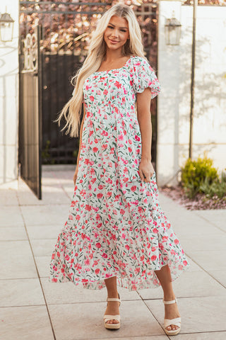Pink Floral Puff Sleeve Square Neck Empire Waist Tiered Maxi Dress, A Blissfully Beautiful Boutique - A Blissfully Beautiful Boutique
