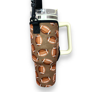 Football 40oz Tumbler With Handle Sleeve, Drink Handlers - A Blissfully Beautiful Boutique