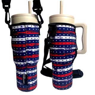 Stars and Stripes 40oz Tumbler With Handle Sleeve, Drink Handlers - A Blissfully Beautiful Boutique