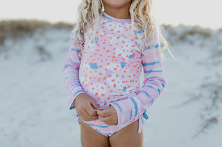 Elsie Pink Blue Abstract Long Sleeve Rash Guard Swimsuit, Oopsie Daisy - A Blissfully Beautiful Boutique