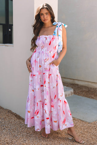 Pink Floral Print Knotted Shoulder Smocked Maxi Dress, A Blissfully Beautiful Boutique - A Blissfully Beautiful Boutique