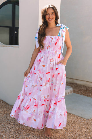 Pink Floral Print Knotted Shoulder Smocked Maxi Dress, A Blissfully Beautiful Boutique - A Blissfully Beautiful Boutique